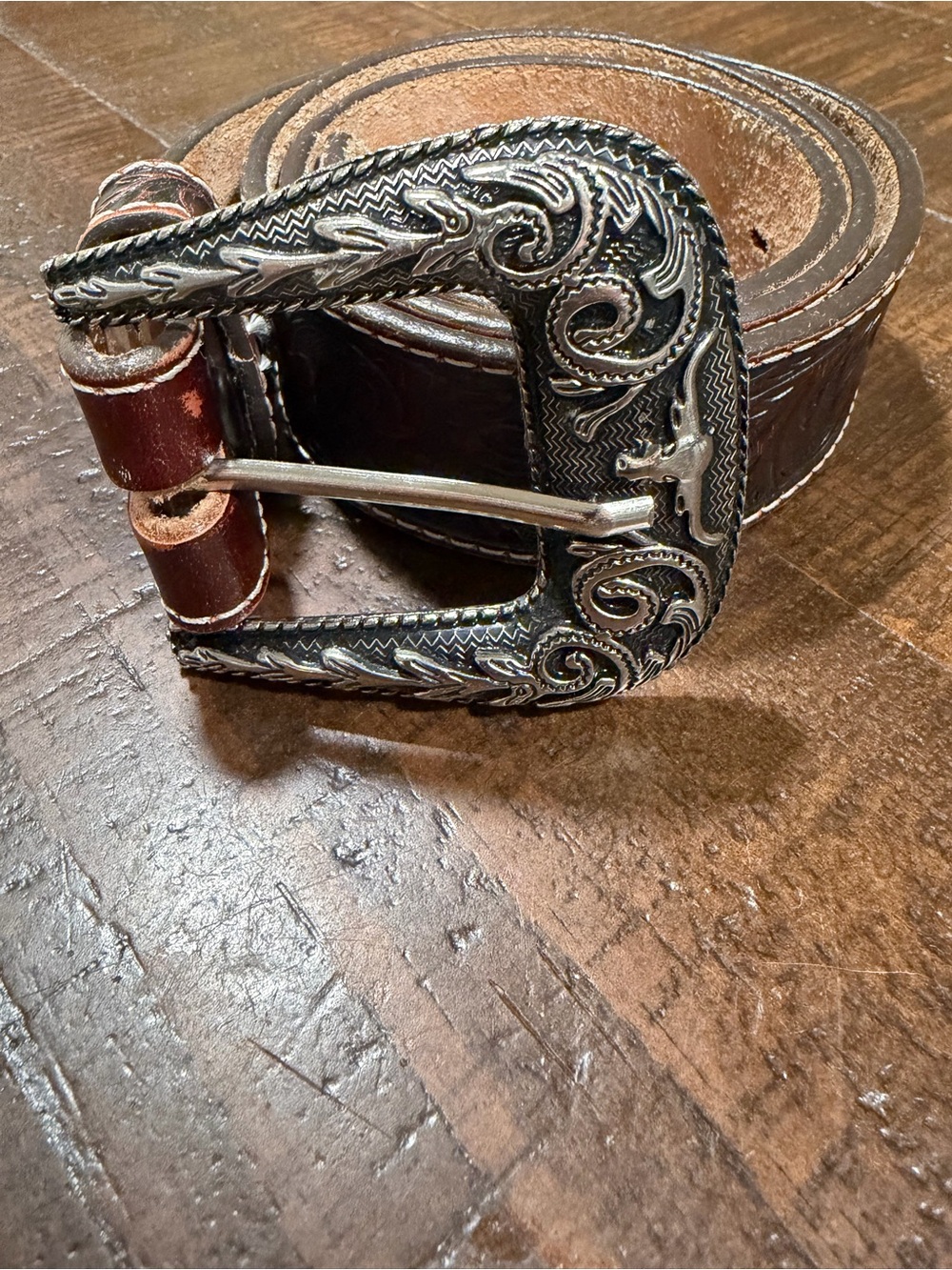 JUSTIN TRIPLE T RANCH Brown Leather Men's Belt with Ornate Silver Buckle
